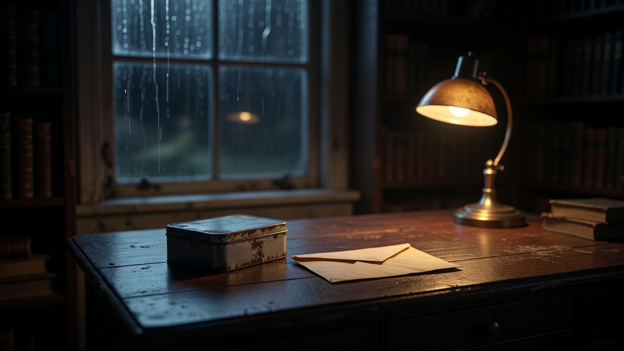 雨夜的老屋书房场景示意图，桌上放着旧铁盒与信封，窗外正在下雨